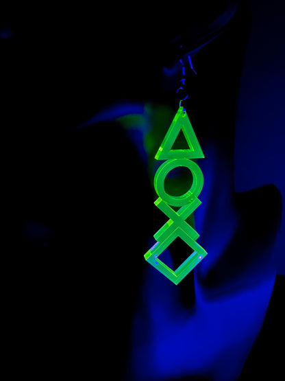 Gamer Geometric Earrings/Playstation Button/Fluorescent Neon Acrylic/Blacklight/EDC/Rave/Cyberpunk