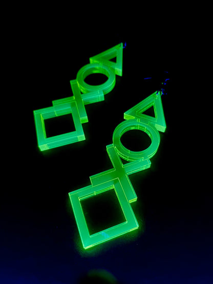 Gamer Geometric Earrings/Playstation Button/Fluorescent Neon Acrylic/Blacklight/EDC/Rave/Cyberpunk