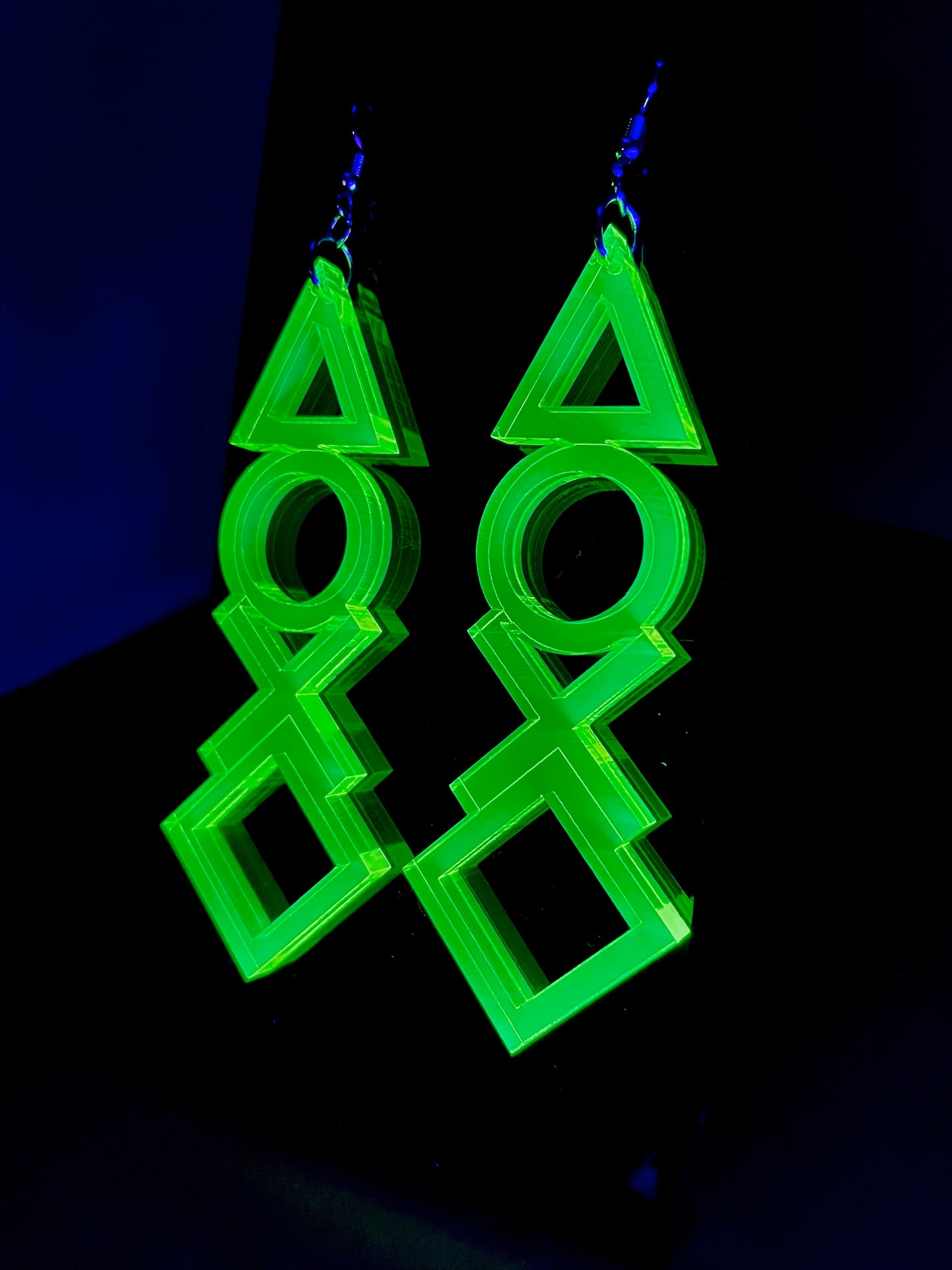 Gamer Geometric Earrings/Playstation Button/Fluorescent Neon Acrylic/Blacklight/EDC/Rave/Cyberpunk