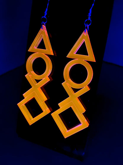 Gamer Geometric Earrings/Playstation Button/Fluorescent Neon Acrylic/Blacklight/EDC/Rave/Cyberpunk