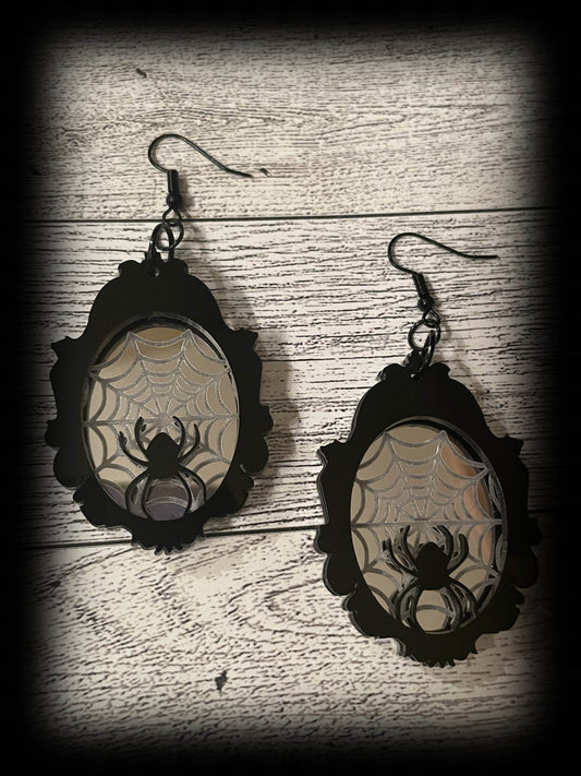 Spider and Web Framed Earrings/Silver Mirrored Acrylic/Goth/Ren Faire/Halloween