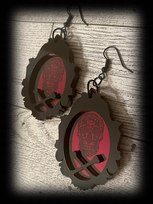 Sugar Skull and Crossbones Framed Earrings/Red Mirrored Acrylic/Goth/Ren Faire/Halloween