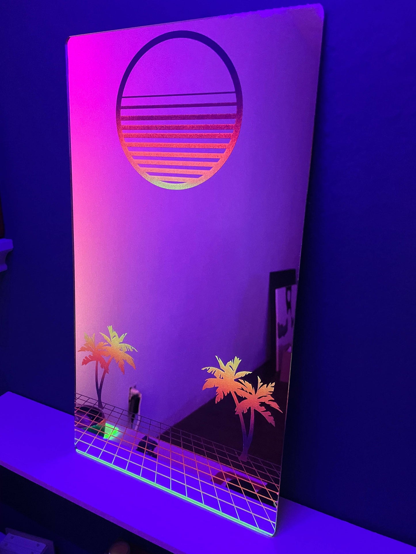 Vaporwave 80's Wall Mirror/Hand Painted/Glows in Blacklight!/18"x10"/Retro/New Wave/Neon Art