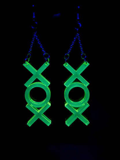 X O X Earrings/Hugs and Kisses/Fluorescent Neon Acrylic/Blacklight/EDC/Rave/Cyberpunk