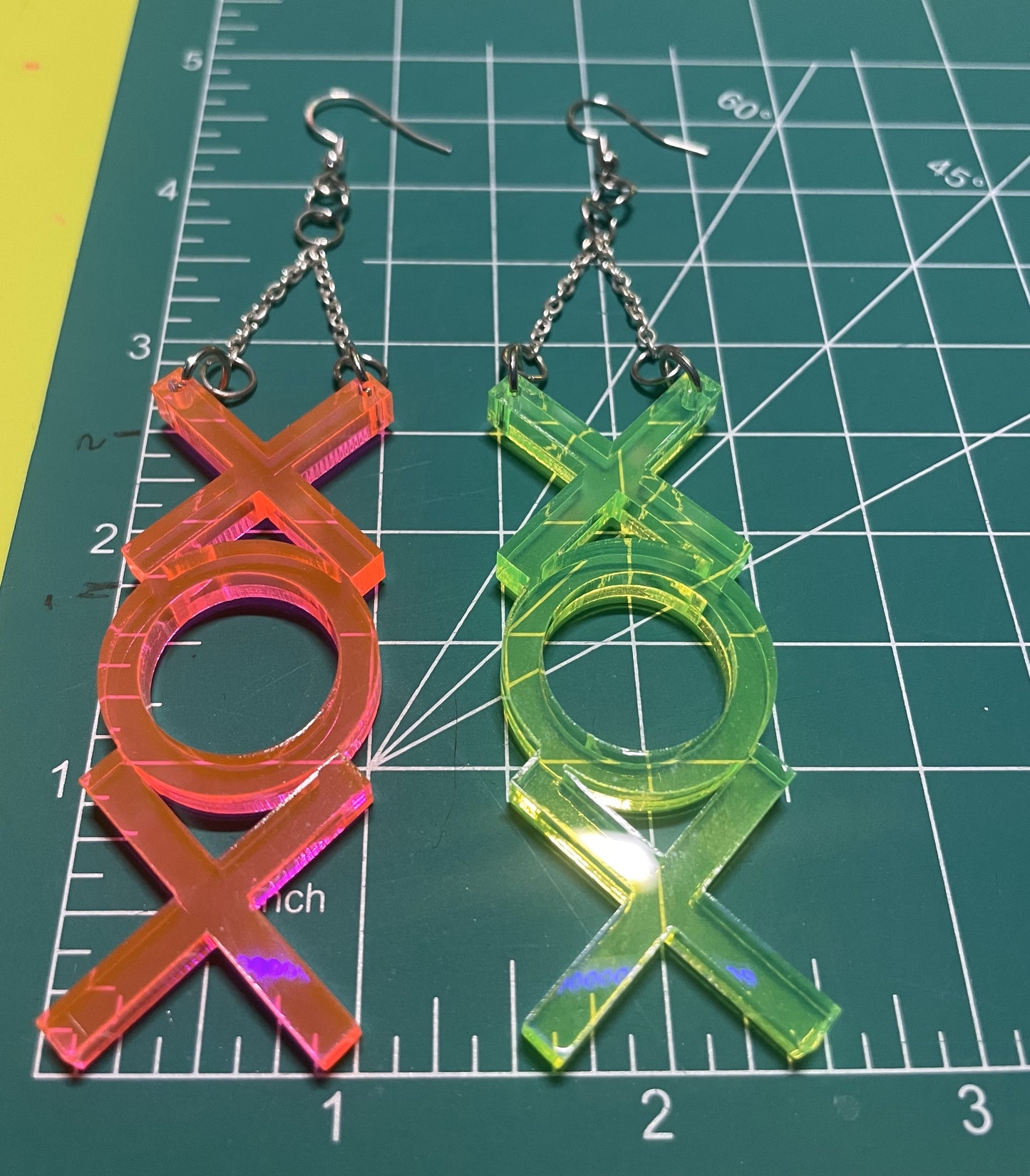 X O X Earrings/Hugs and Kisses/Fluorescent Neon Acrylic/Blacklight/EDC/Rave/Cyberpunk