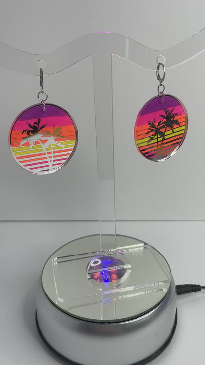 Vaporwave Palm Tree Sunset Earrings/Silver Mirrored Acrylic/Glows in Black Light!!!