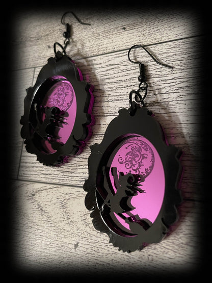 Witch and Moon Framed Earrings/Purple Mirrored Acrylic/Goth/Ren Faire/Halloween