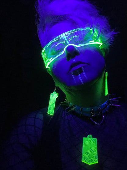 Data Chip Necklace/Earrings/Fluorescent Neon Acrylic/Blacklight/Cyberpunk/Rave/Goth