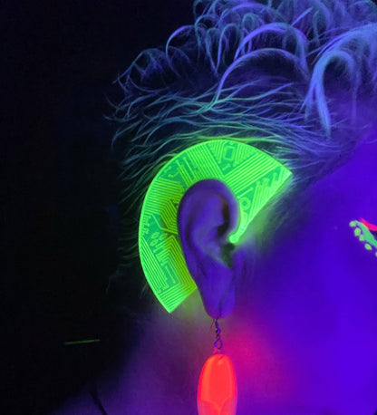 Cyberpunk Circuit Board Ear Cuffs/Fluorescent Neon Acrylic/Glows in Blacklight/EDC/Raver